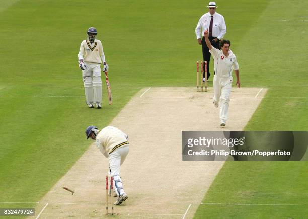 Michael Vandort of Sri Lanka is bowled by Jon Lewis of England for 1 run during the 3rd Test match between England and Sri Lanka at Trent Bridge,...