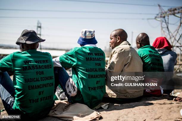 Members of the Association of Mineworkers and the Marikana community gather to commemorate the fifth anniversary of the Marikana Massacre in...