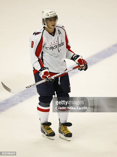 Forward and assistant captain Alexander Ovechkin of the Washington Capitals takes a break during a timeout in the game against the Atlanta Thrashers...