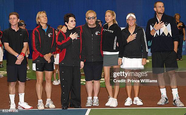 Jesse Levine, Martina Navratilova, Billie Jean King, Sir Elton John, Anna Kournikova and Melanie Oudin attend the Advanta WTT Smash Hits event at the...