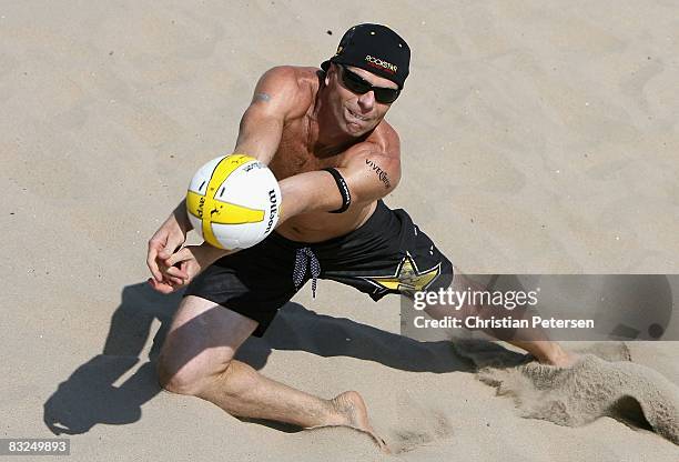 Casey Jennings digs the ball in the AVP Manhattan Beach Open semi final match on September 21, 2008 at the pier in Manhattan Beach, California. Nick...