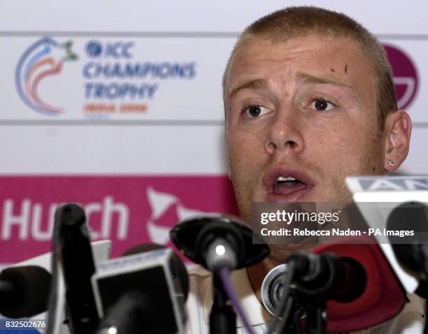 England captain Andrew Flintoff, hidden behind micriphones during a press conference held at the team hotel, ahead of the ICC Champions Trophy,...