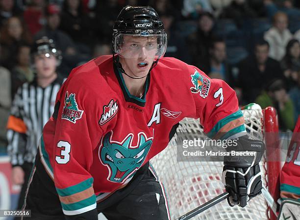Tyler Myers of the Kelowna Rockets skates against the Prince George Cougars at Prospera Place on October 11 in Kelowna, Canada. Myers is a 2008...