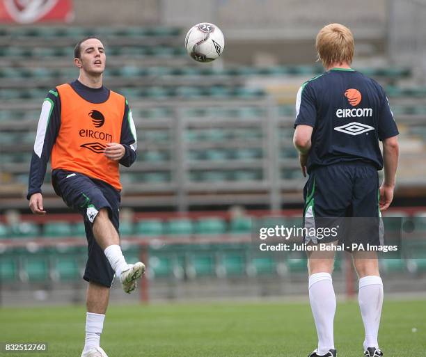 Republic of Ireland's John O Shea and Paul McShane during a training session at Lansdowne Road, Dublin.