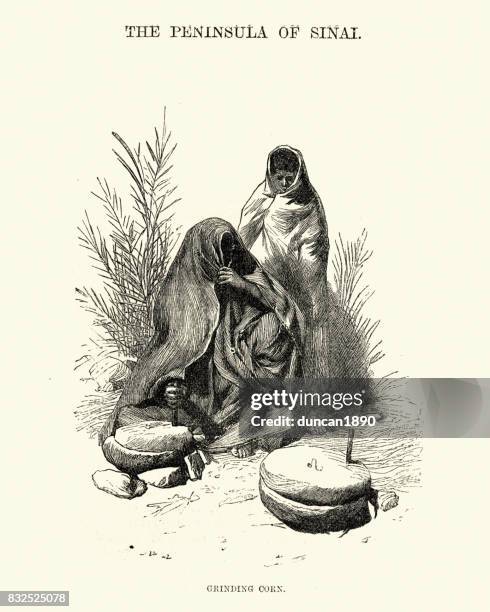 women grinding corn, sinai, egypt, 19th century - grind stock illustrations