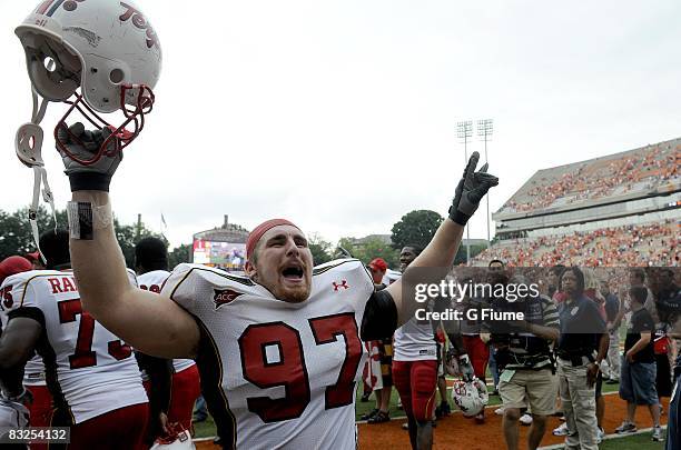 Dean Muhtadi of the Maryland Terrapins celebrates after a 20-17 victory over the Clemson Tigers at Memorial Stadium on September 27, 2008 in Clemson,...