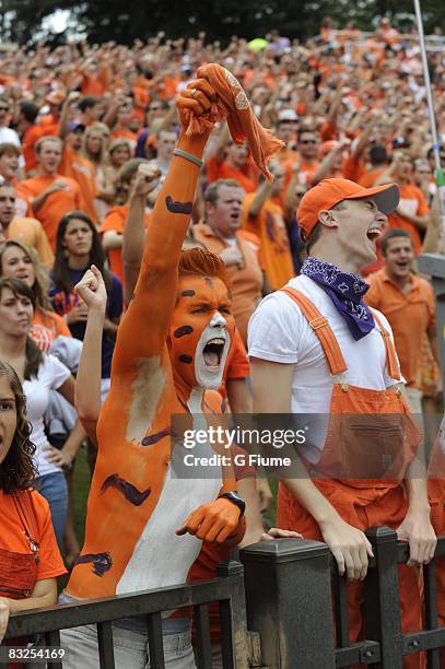 Clemson fans cheer during the game between the Clemson Tigers and the Maryland Terrapins at Memorial Stadium on September 27, 2008 in Clemson, South...