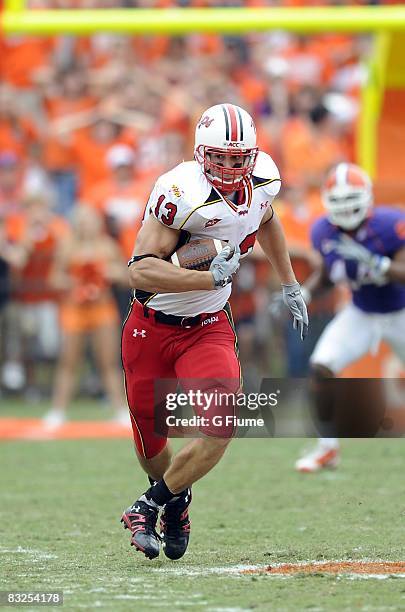 Dan Gronkowski of the Maryland Terrapins runs with the ball after a catch against the Clemson Tigers at Memorial Stadium on September 27, 2008 in...