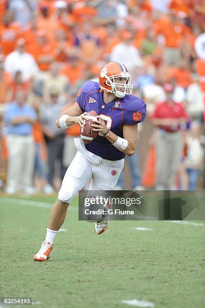 Cullen Harper of the Clemson Tigers throws a pass against the Maryland Terrapins at Memorial Stadium on September 27, 2008 in Clemson, South...