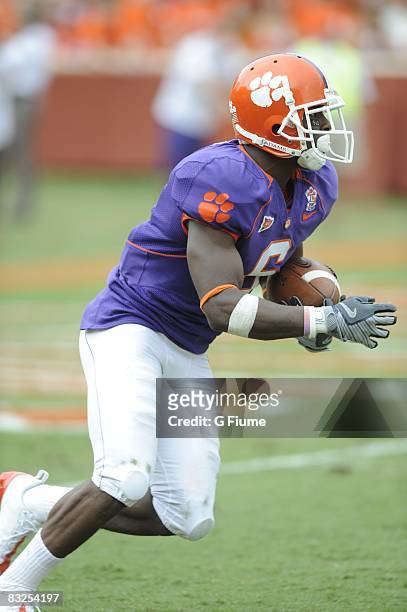 Jacoby Ford of the Clemson Tigers runs the ball against the Maryland Terrapins at Memorial Stadium on September 27, 2008 in Clemson, South Carolina....