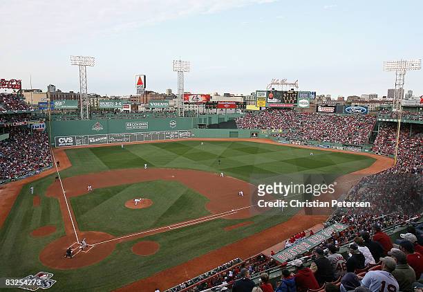 Genearl view as starting pitcher Jon Lester of the Boston Red Sox throws the first pitch of the game against Akinori Iwamura of the Tampa Bay Rays in...