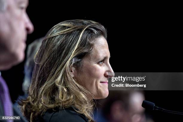 Chrystia Freeland, Canada's minister of foreign affairs, smiles during the first round of North American Free Trade Agreement renegotiations in...