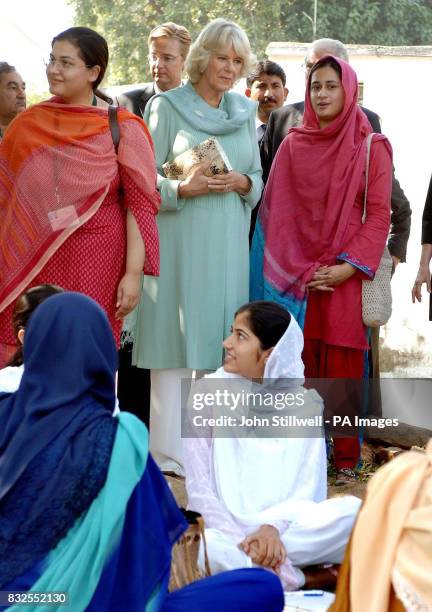 The Duchess of Cornwall talks to students at the Fatima Jinnah college in Rawalpindi, Pakistan.