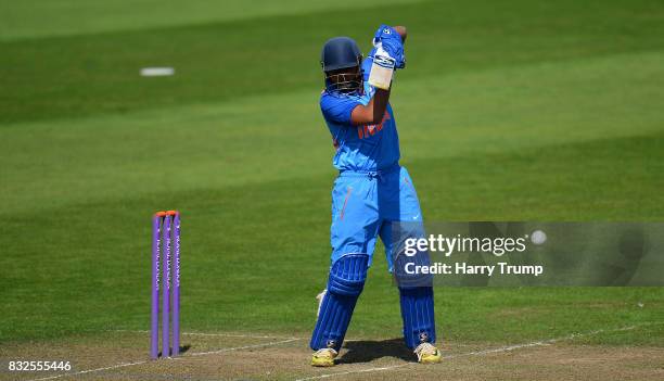 Prithvi Shaw of India U19s bats during the 5th Youth ODI match between England U19s and India Under 19s at The Cooper Associates County Ground on...