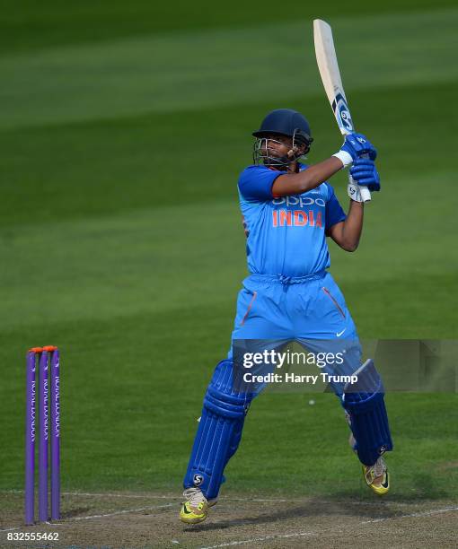 Prithvi Shaw of India U19s bats during the 5th Youth ODI match between England U19s and India Under 19s at The Cooper Associates County Ground on...