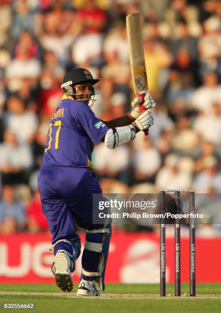 Sanath Jayasuriya of Sri Lanka looks back to see the ball pass his stumps during his innings of 41 runs in the NatWest international Twenty20 match...