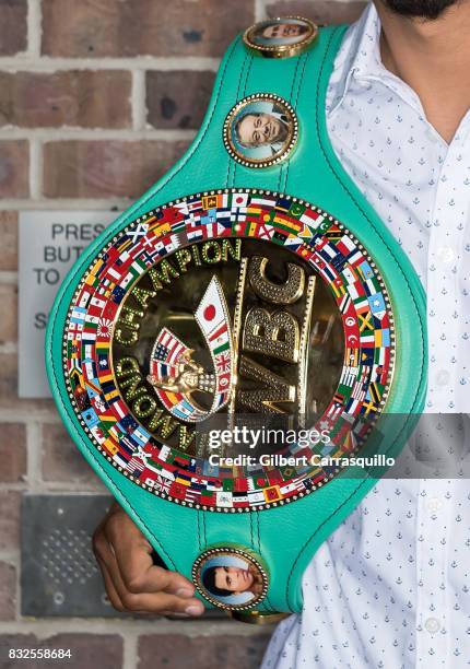 Professional boxer and WBC lightweight champion Mikey Garcia, championship belt detail, visits Fox 29's 'Good Day' at FOX 29 Studio on August 16,...
