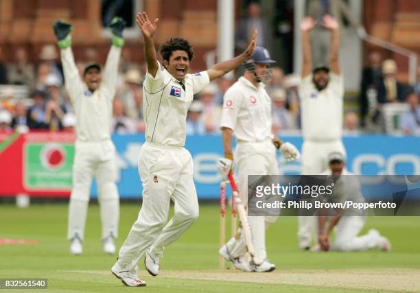 Pakistan bowler Abdul Razzaq appeals successfully for the wicket of England captain Andrew Strauss, LBW for 30 runs, during the 1st Test match...