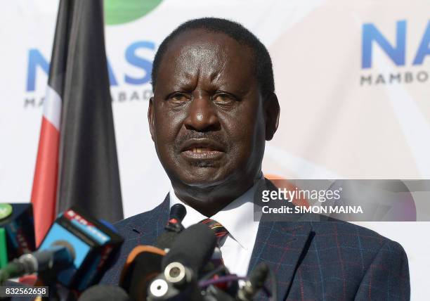 Kenya's opposition leader Raila Odinga gives a press conference on August 16, 2017 at the offices of the National Super Alliance coalition in...