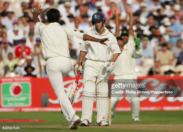 England batsman Andrew Strauss is caught behind by Pakistan wicketkeeper Kamran Akmal off Abdul Razzaq during the 2nd Test match between England and...