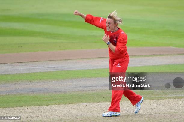 Danielle Hazell of Lancashire Thunder celebrates during the Kia Super League 2017 match between Lancashire Thunder and Surrey Stars at Old Trafford...