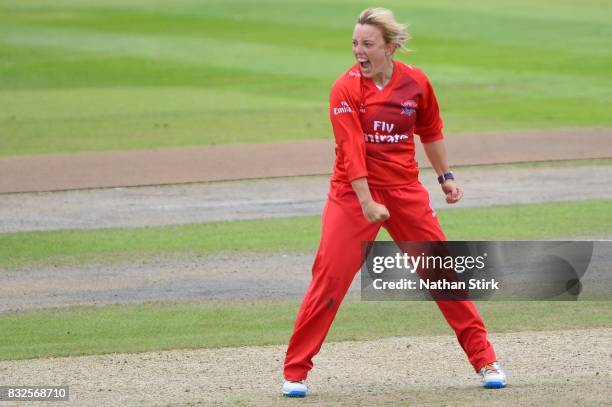 Danielle Hazell of Lancashire Thunder celebrates during the Kia Super League 2017 match between Lancashire Thunder and Surrey Stars at Old Trafford...