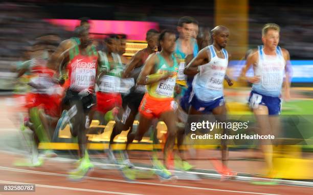 Muktar Edris of Ethiopia and Mohamed Farah of Great Britain in action during day nine of the 16th IAAF World Athletics Championships London 2017 at...
