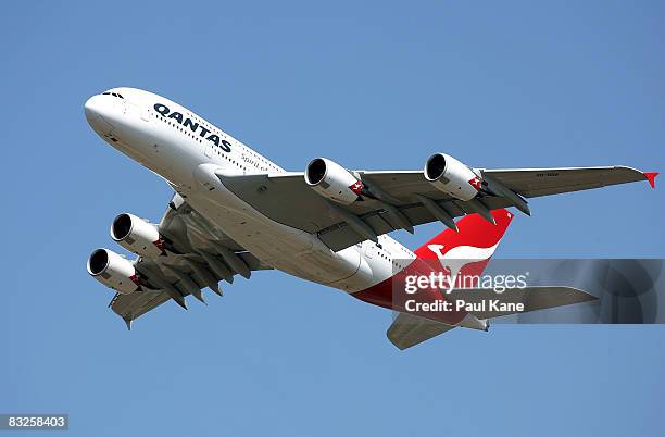 The new Qantas A380 departs from Perth for the first time following it's arrival in Australia on September 21, at the Perth International Airport on...