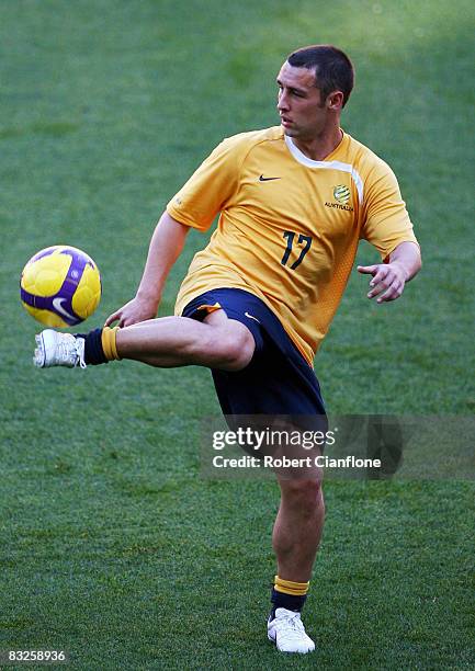 Scott McDonald of Australia in action during an Australian Socceroos training session at Brisbane Stadium on October 14, 2008 in Brisbane, Australia.