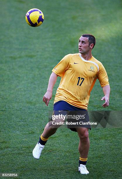 Scott McDonald of Australia in action during an Australian Socceroos training session at Brisbane Stadium on October 14, 2008 in Brisbane, Australia.