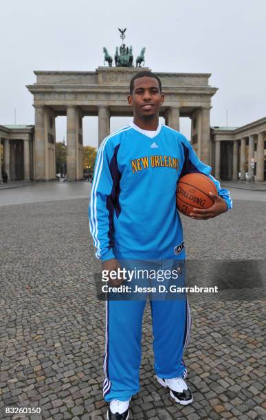 Chris Paul of the New Orleans Hornets poses for a photo during the 2008 NBA Europe Live Tour on October 14, 2008 at the Brandenburg Gate in Berlin,...