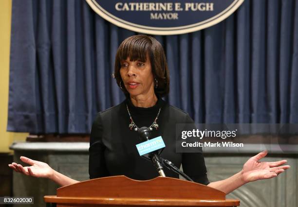 Baltimore Mayor Catherine Pugh talks about the late night removal of four confederate statues in the city, on August 16, 2017 in Baltimore, Maryland....