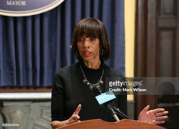 Baltimore Mayor Catherine Pugh talks about the late night removal of four confederate statues in the city, on August 16, 2017 in Baltimore, Maryland....