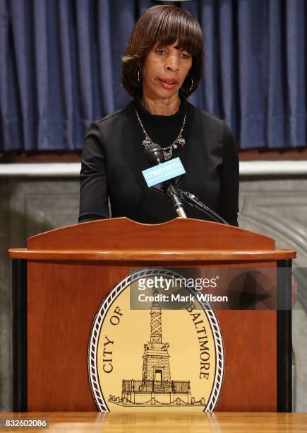 Baltimore Mayor Catherine Pugh talks about the late night removal of four confederate statues in the city, on August 16, 2017 in Baltimore, Maryland....