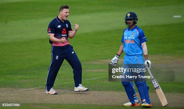 Liam Patterson-White of England U19s celebrates the wicket of Prithvi Shaw of India U19s during the 5th Youth ODI match between England U19s and...