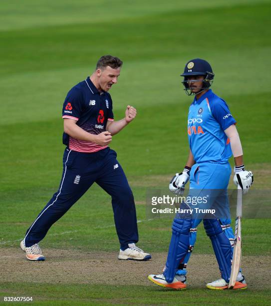 Liam Patterson-White of England U19s celebrates the wicket of Prithvi Shaw of India U19s during the 5th Youth ODI match between England U19s and...