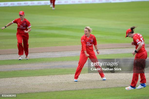 Danielle Hazell of Lancashire Thunder celebrates during the Kia Super League 2017 match between Lancashire Thunder and Surrey Stars at Old Trafford...