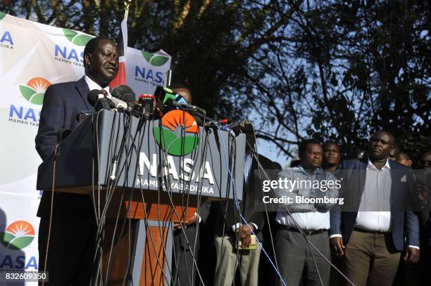 Raila Odinga, opposition leader for the National Super Alliance , speaks during a news conference in Nairobi, Kenya, on Wednesday, Aug. 16, 2017....