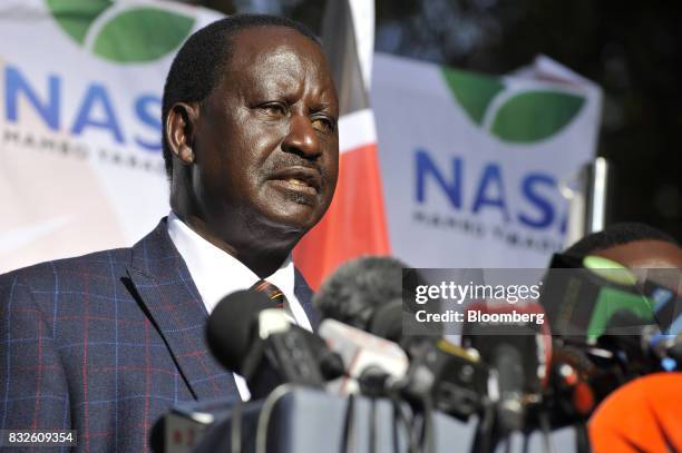 Raila Odinga, opposition leader for the National Super Alliance , speaks during a news conference in Nairobi, Kenya, on Wednesday, Aug. 16, 2017....