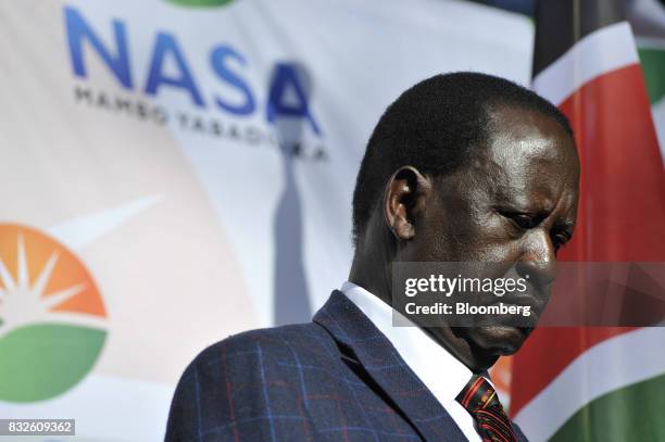 Raila Odinga, opposition leader for the National Super Alliance , pauses during a news conference in Nairobi, Kenya, on Wednesday, Aug. 16, 2017....