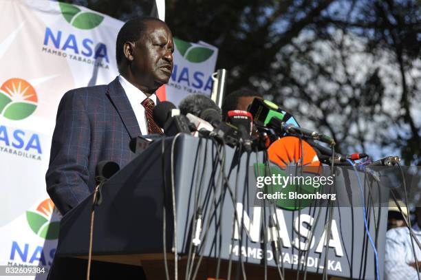 Raila Odinga, opposition leader for the National Super Alliance , speaks during a news conference in Nairobi, Kenya, on Wednesday, Aug. 16, 2017....