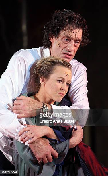 Winfried Glatzeder as Jedermann and Debora Weigert perform during the dress rehearsal for the play "Jedermann" by author Hugo von Hoffmannsthal at...