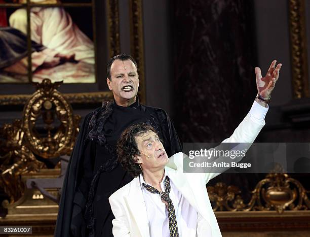 Winfried Glatzeder as Jedermann and Peter Sattmann as the death perform during the dress rehearsal for the play "Jedermann" by author Hugo von...