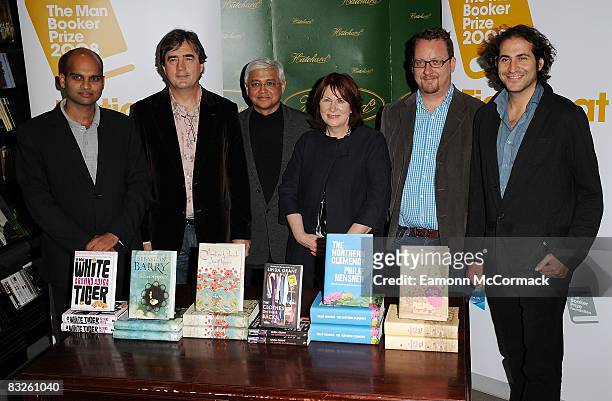 Authors Aravind Adiga, Sebastian Barry, Amitav Ghosh, Linda Grant, Philip Hensher and Steve Toltz - Nominees for The Man Booker Prize at Hatchards on...