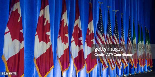 The flags of Canada, the United States, and Mexico, line the stage before the start of the negotiations for the modernization of NAFTA, August 16 in...