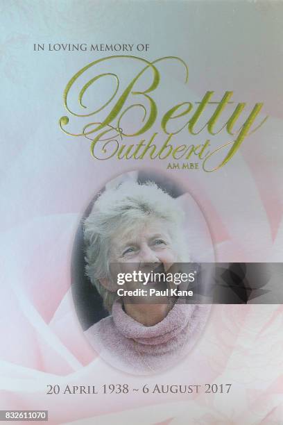 The Order of Service booklet is seen prior to the funeral service for Betty Cuthbert at Mandurah Performing Arts Centre on August 16, 2017 in...