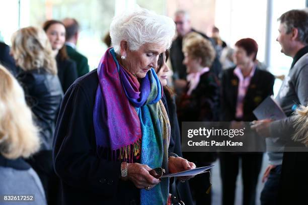 Mourners arrive during the funeral service for Betty Cuthbert at Mandurah Performing Arts Centre on August 16, 2017 in Mandurah, Australia. Betty...