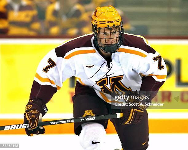 Patrick White of the Minnesota Golden Gophers skates in warmups before a game with the University of British Columbia Thunderbirds on October 10,...