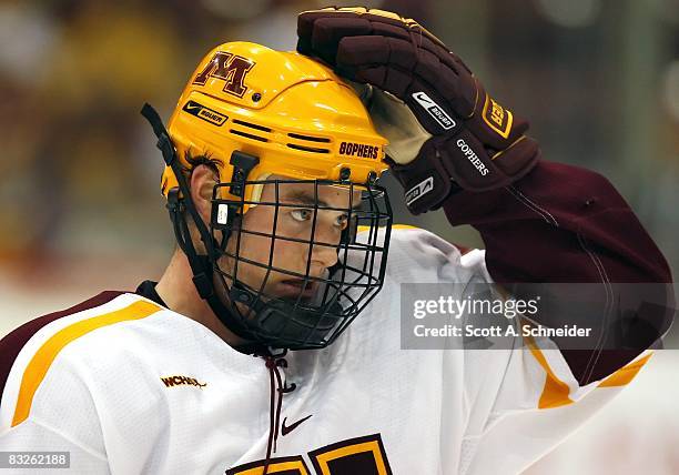 Cade Fairchild of the Minnesota Golden Gophers skates in warmups before a game with the University of British Columbia Thunderbirds on October 10,...
