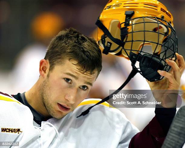 Michael Dorr of the Minnesota Golden Gophers skates in warmups before a game with the University of British Columbia Thunderbirds on October 10, 2008...